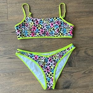 Shekini, Neon Leopard Print, High Cut V, Cheeky, Bandeau, Bikini Swimsuit Set